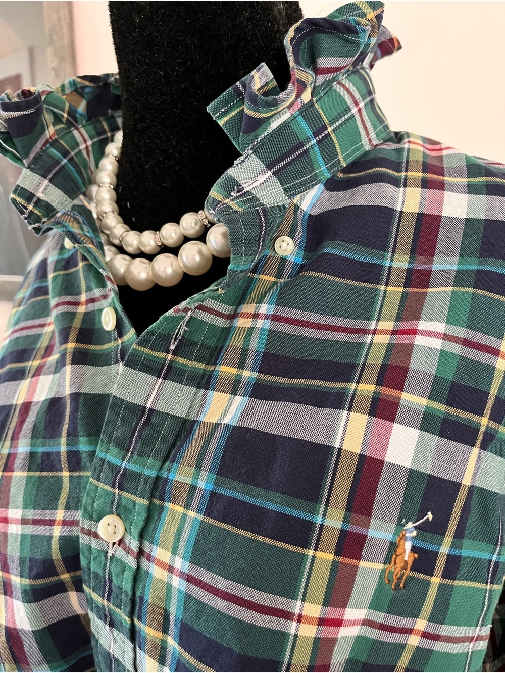 Refashioned Ralph Lauren Green Navy Multicolor Plaid Ruffle Collar